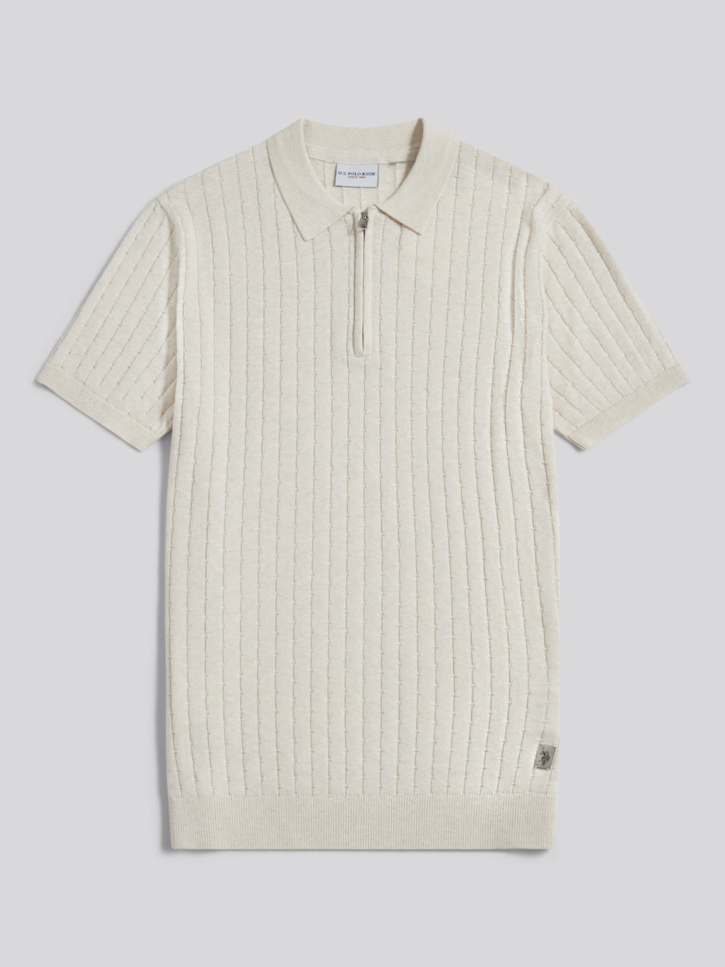 Mens Zip Knit Short Sleeve Polo Shirt Birch Marl