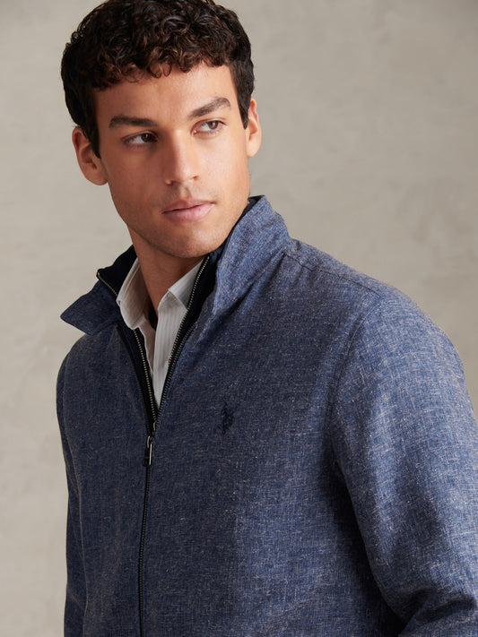 Mens Linen Blend Harrington Jacket Dark Sapphire Navy / Moonlight Blue DHM