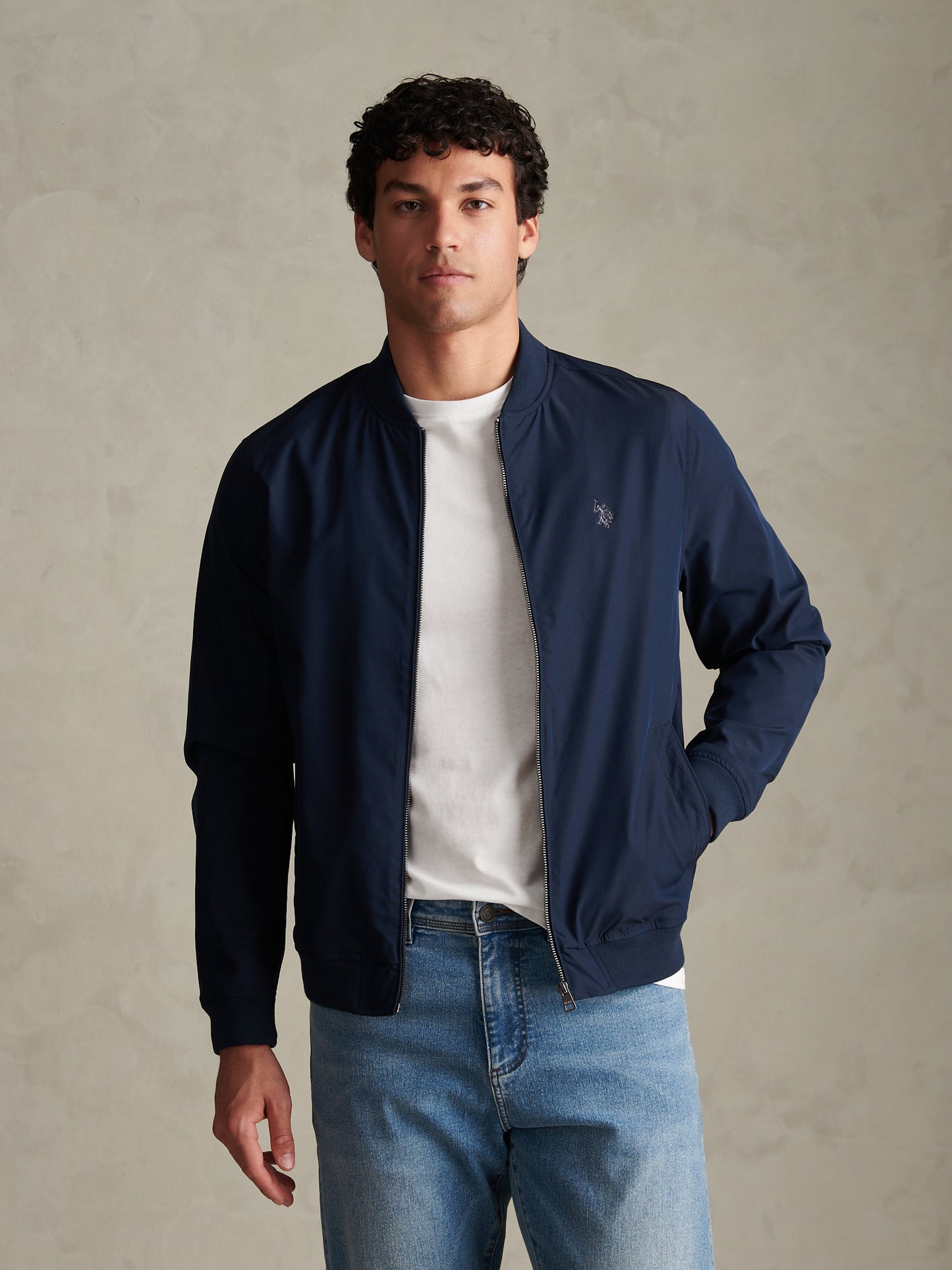 Mens Jersey Lined Smart Bomber Jacket Dark Sapphire Navy
