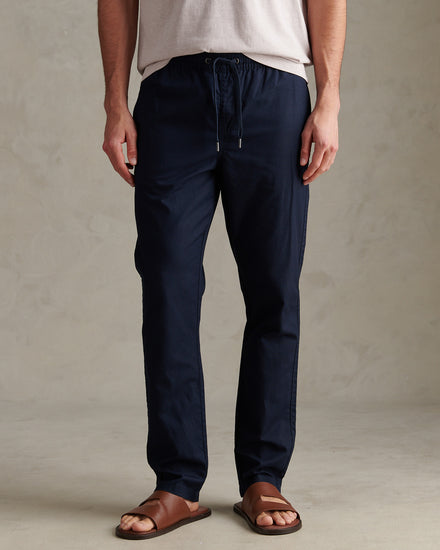 Mens Linen Blend Drawstring Trousers Dark Sapphire Navy / Haute Red DHM