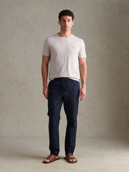 Mens Linen Blend Drawstring Trousers Dark Sapphire Navy / Haute Red DHM