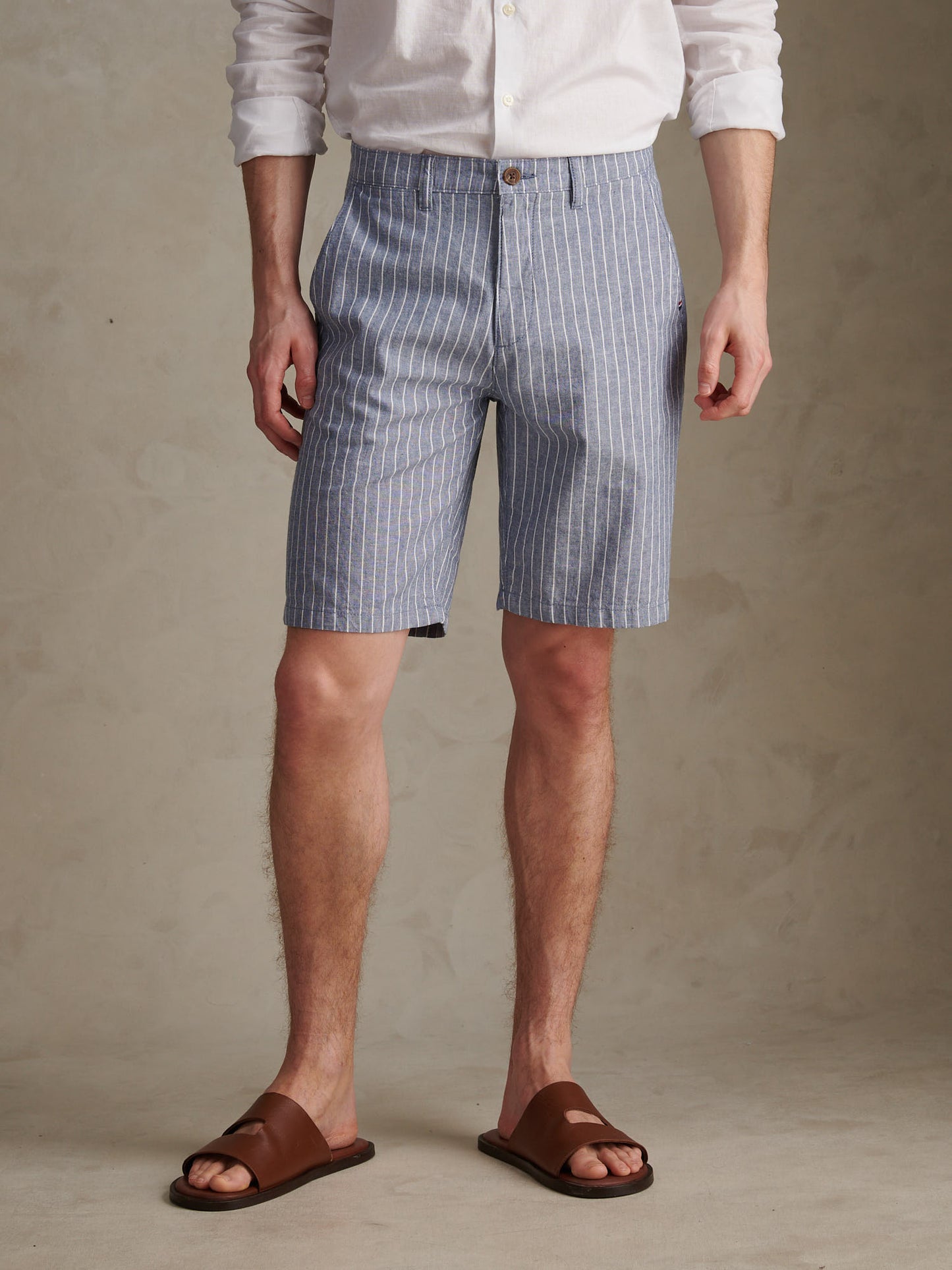 Mens Striped Linen Blend Chino Short Blue Horizon