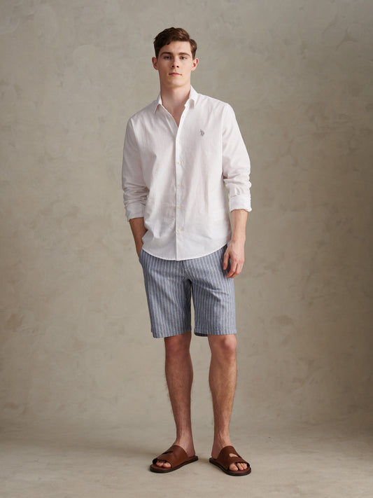 Mens Striped Linen Blend Chino Short Blue Horizon