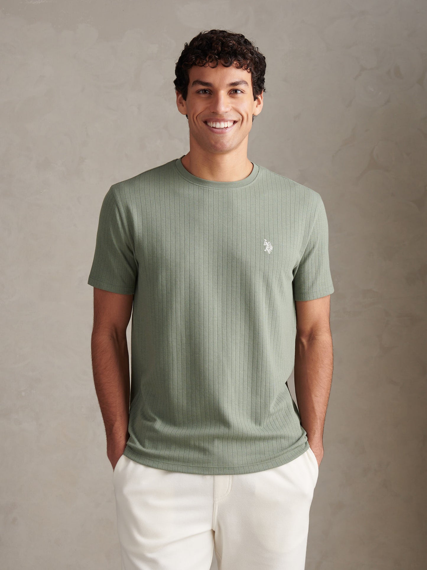 Mens Mini Waffle Stripe Textured T-Shirt Sea Spray
