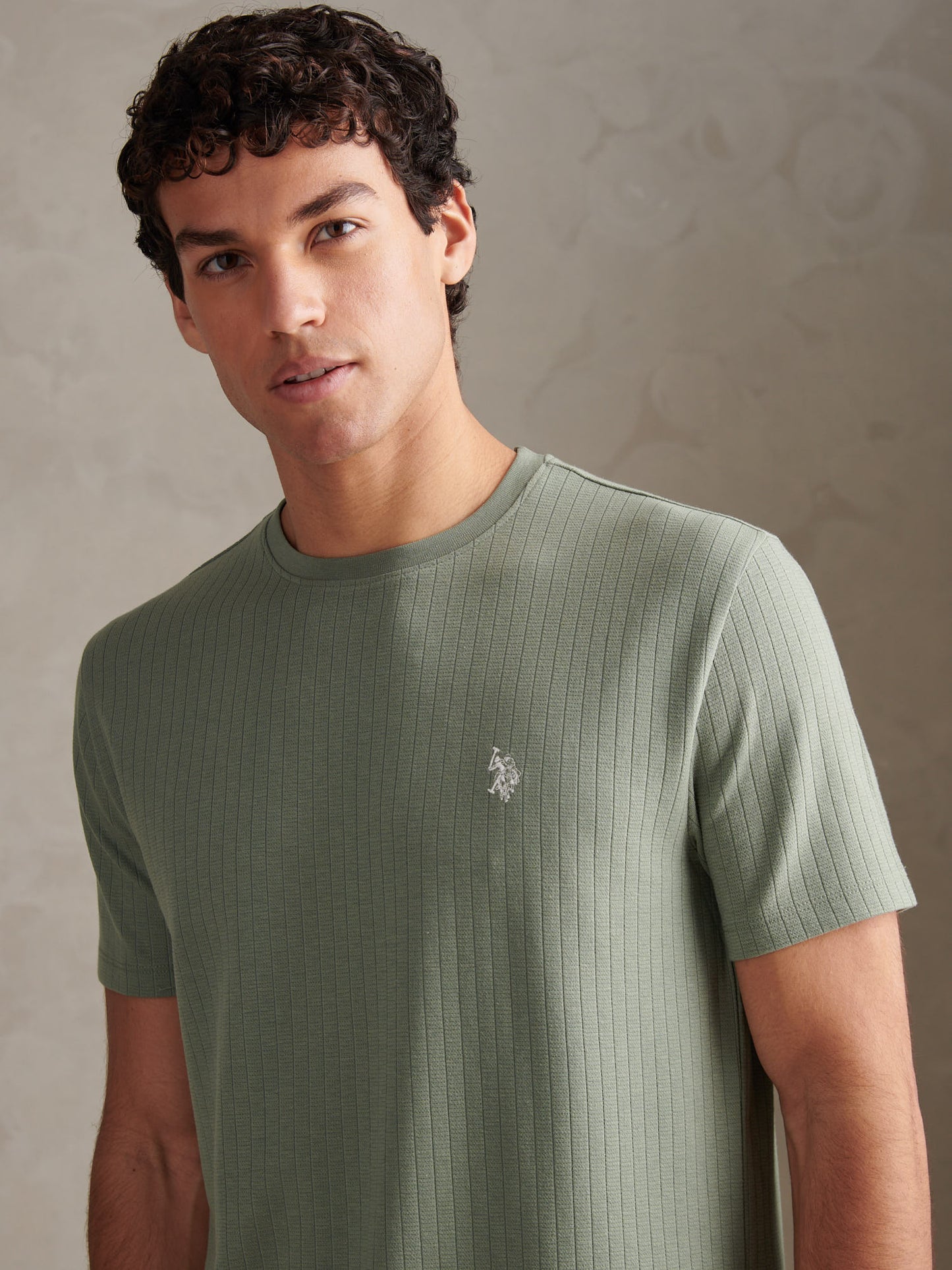 Mens Mini Waffle Stripe Textured T-Shirt Sea Spray