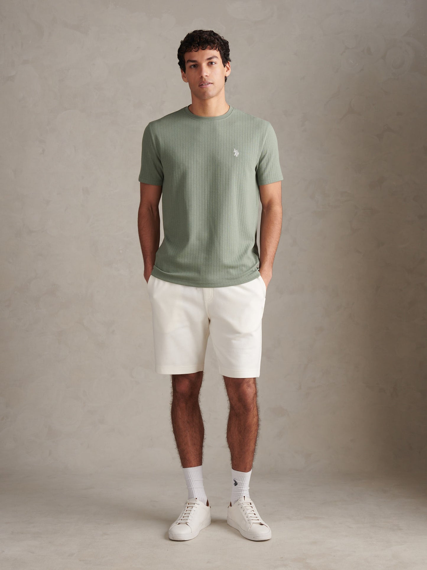 Mens Mini Waffle Stripe Textured T-Shirt Sea Spray