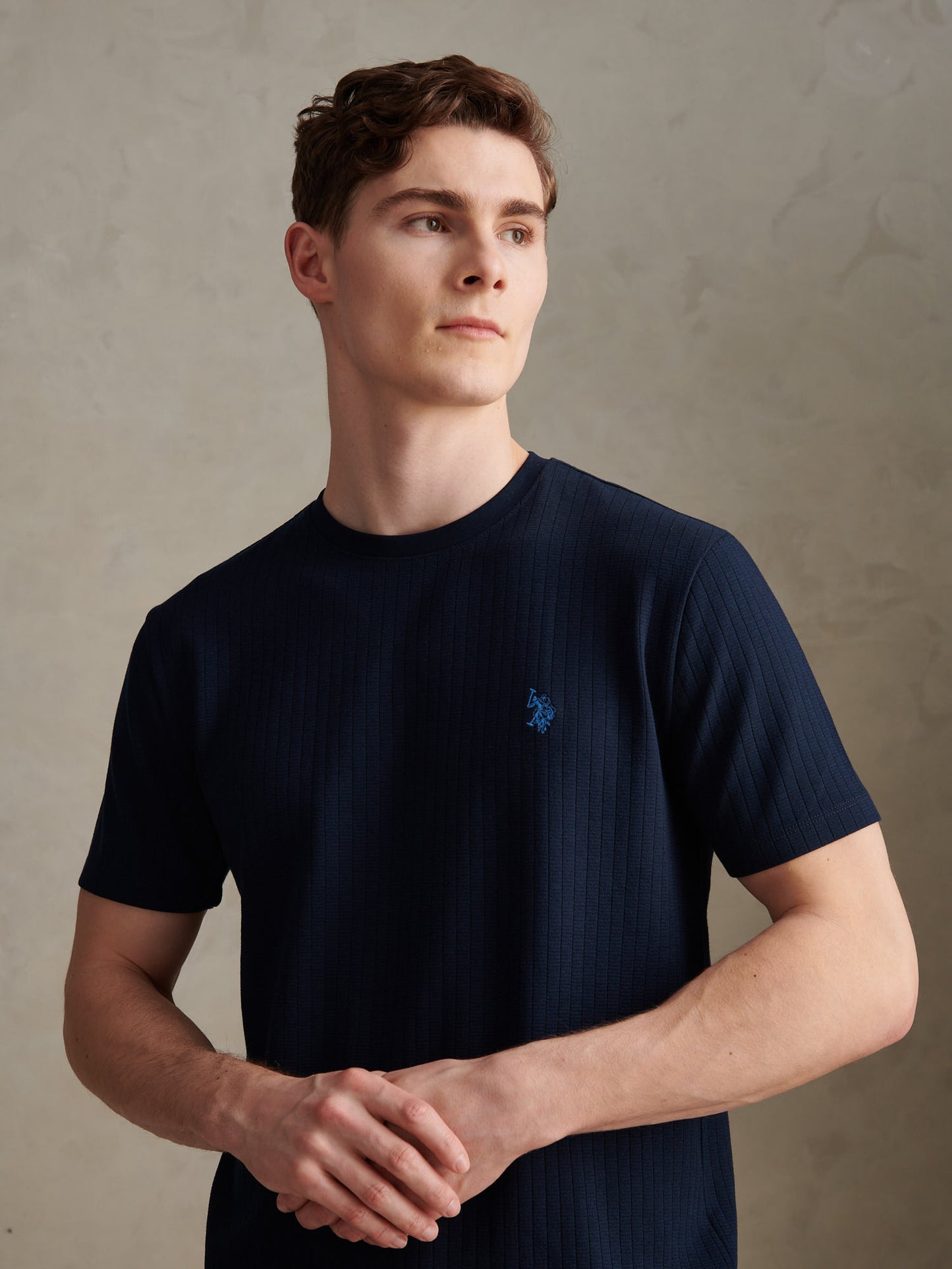 Mens Mini Waffle Stripe Textured T-Shirt Dark Sapphire Navy
