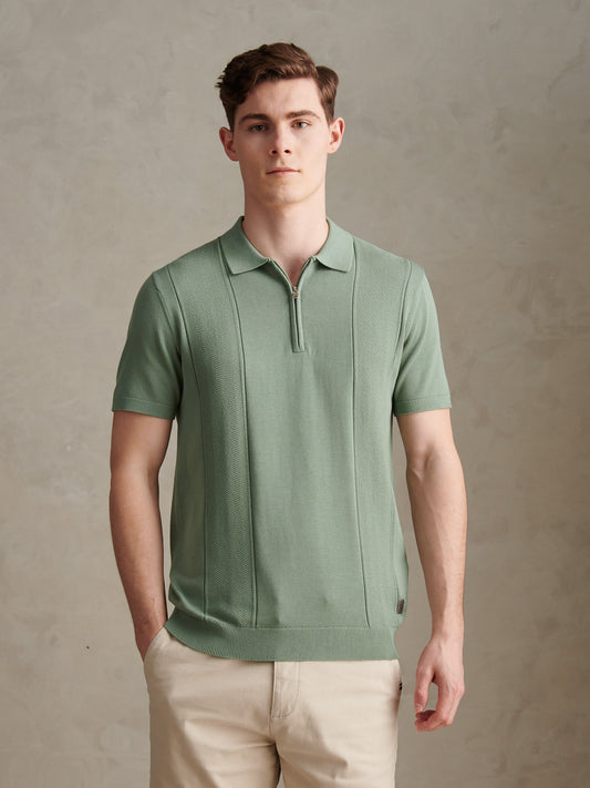 Mens Wide Texture Zip Knit Polo Shirt Green Bay