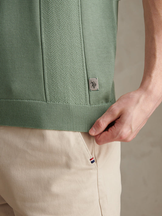 Mens Wide Texture Zip Knit Polo Shirt Green Bay