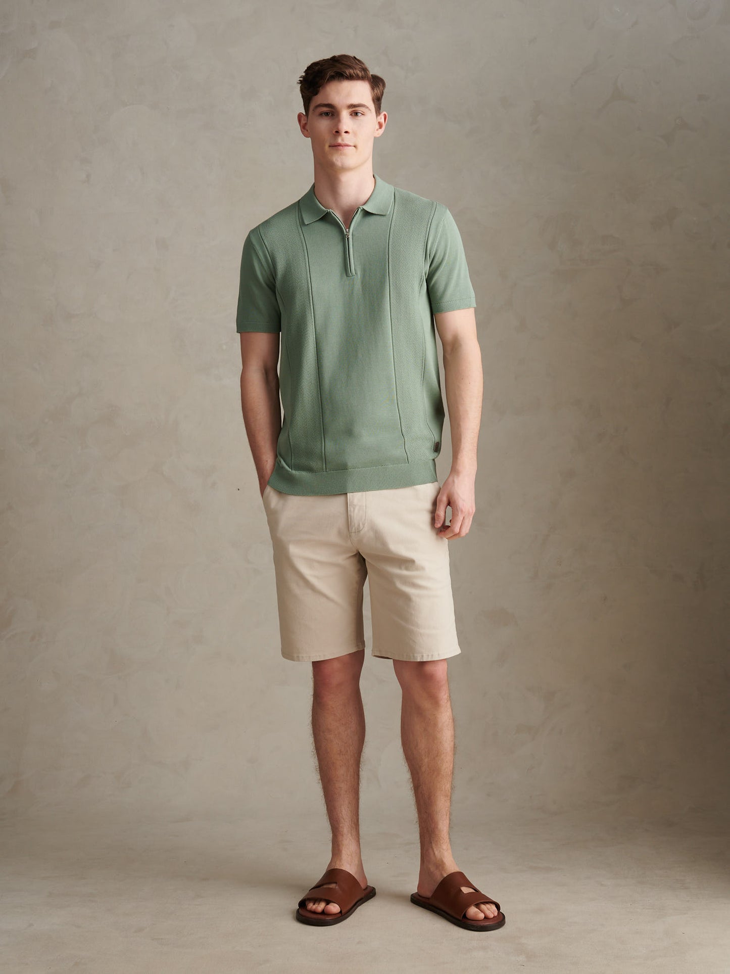 Mens Wide Texture Zip Knit Polo Shirt Green Bay