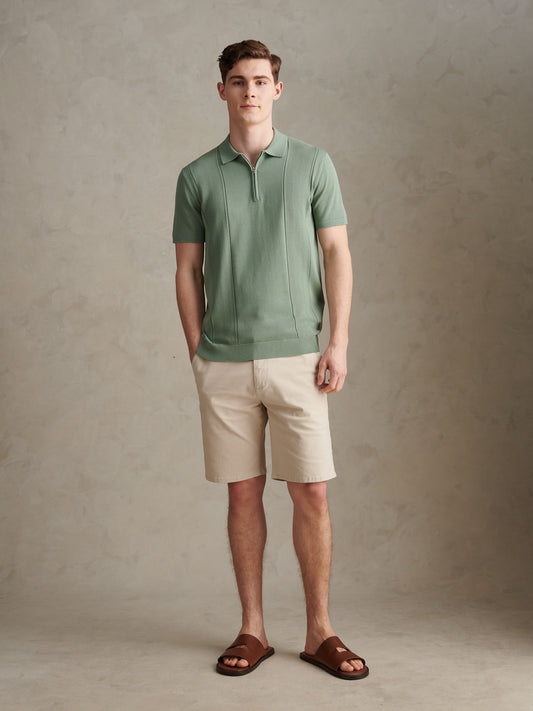 Mens Wide Texture Zip Knit Polo Shirt Green Bay