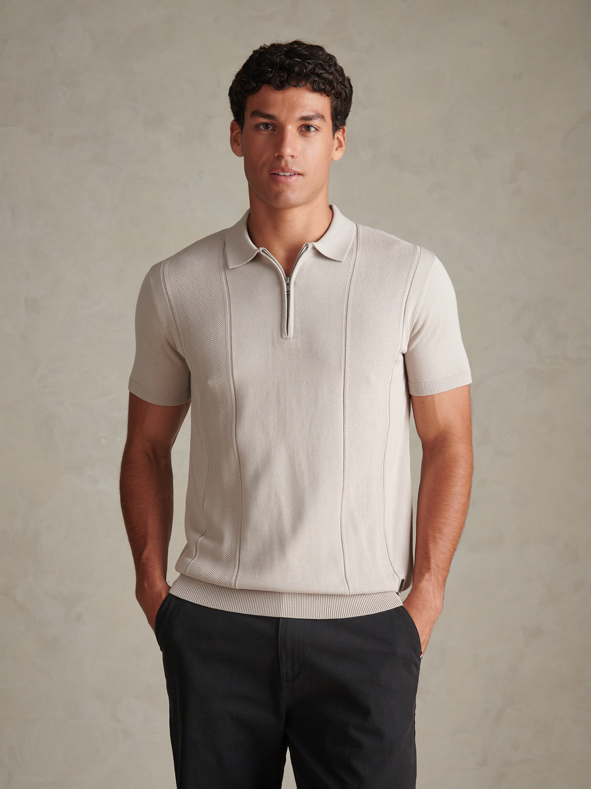 Mens Wide Texture Zip Knit Polo Shirt Nacreous Clouds