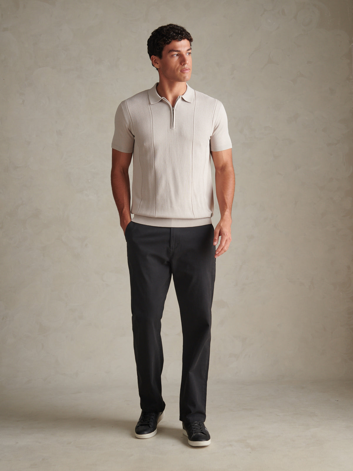 Mens Wide Texture Zip Knit Polo Shirt Nacreous Clouds