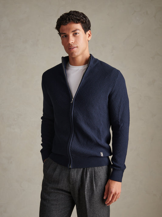 Mens Cotton Textured Knit Full Zip Funnel Neck Cardigan Dark Sapphire Navy