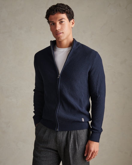 Mens Cotton Textured Knit Full Zip Funnel Neck Cardigan Dark Sapphire Navy