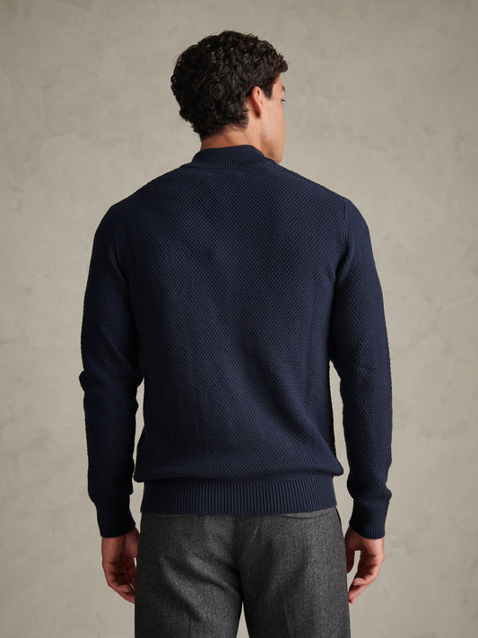 Mens Cotton Textured Knit Full Zip Funnel Neck Cardigan Dark Sapphire Navy