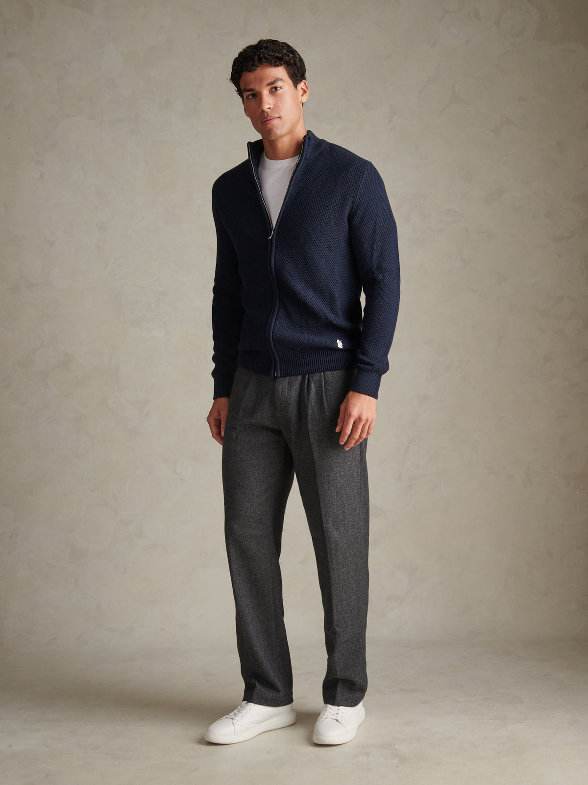 Mens Cotton Textured Knit Full Zip Funnel Neck Cardigan Dark Sapphire Navy