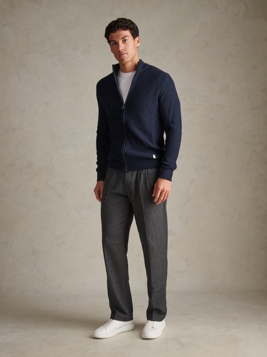 Mens Cotton Textured Knit Full Zip Funnel Neck Cardigan Dark Sapphire Navy