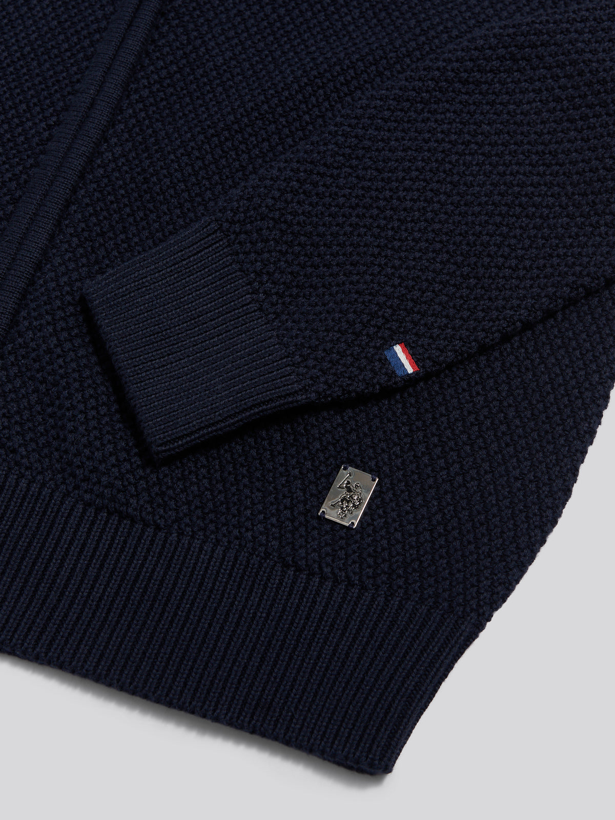 Mens Cotton Textured Knit Full Zip Funnel Neck Cardigan Dark Sapphire Navy