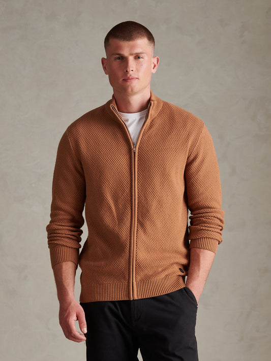 Mens Cotton Textured Knit Full Zip Funnel Neck Cardigan Autumn Leaf