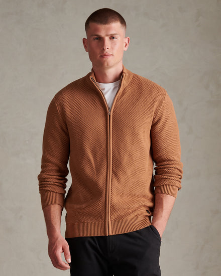 Mens Cotton Textured Knit Full Zip Funnel Neck Cardigan Autumn Leaf