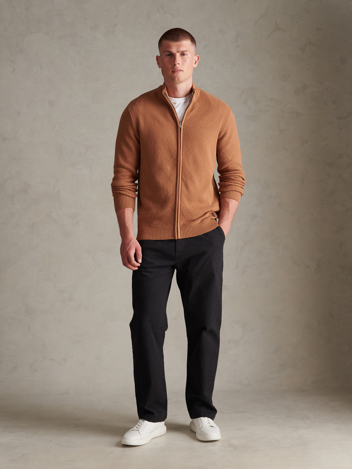 Mens Cotton Textured Knit Full Zip Funnel Neck Cardigan Autumn Leaf