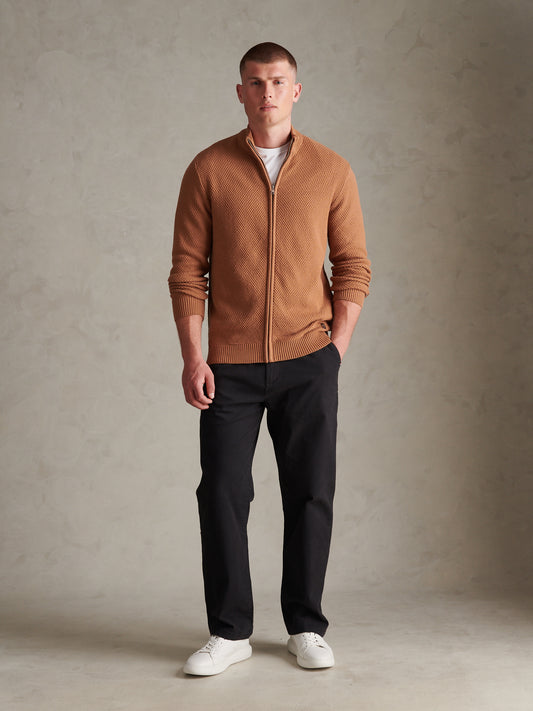Mens Cotton Textured Knit Full Zip Funnel Neck Cardigan Autumn Leaf
