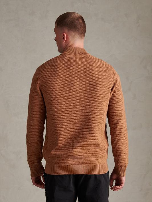 Mens Cotton Textured Knit Full Zip Funnel Neck Cardigan Autumn Leaf