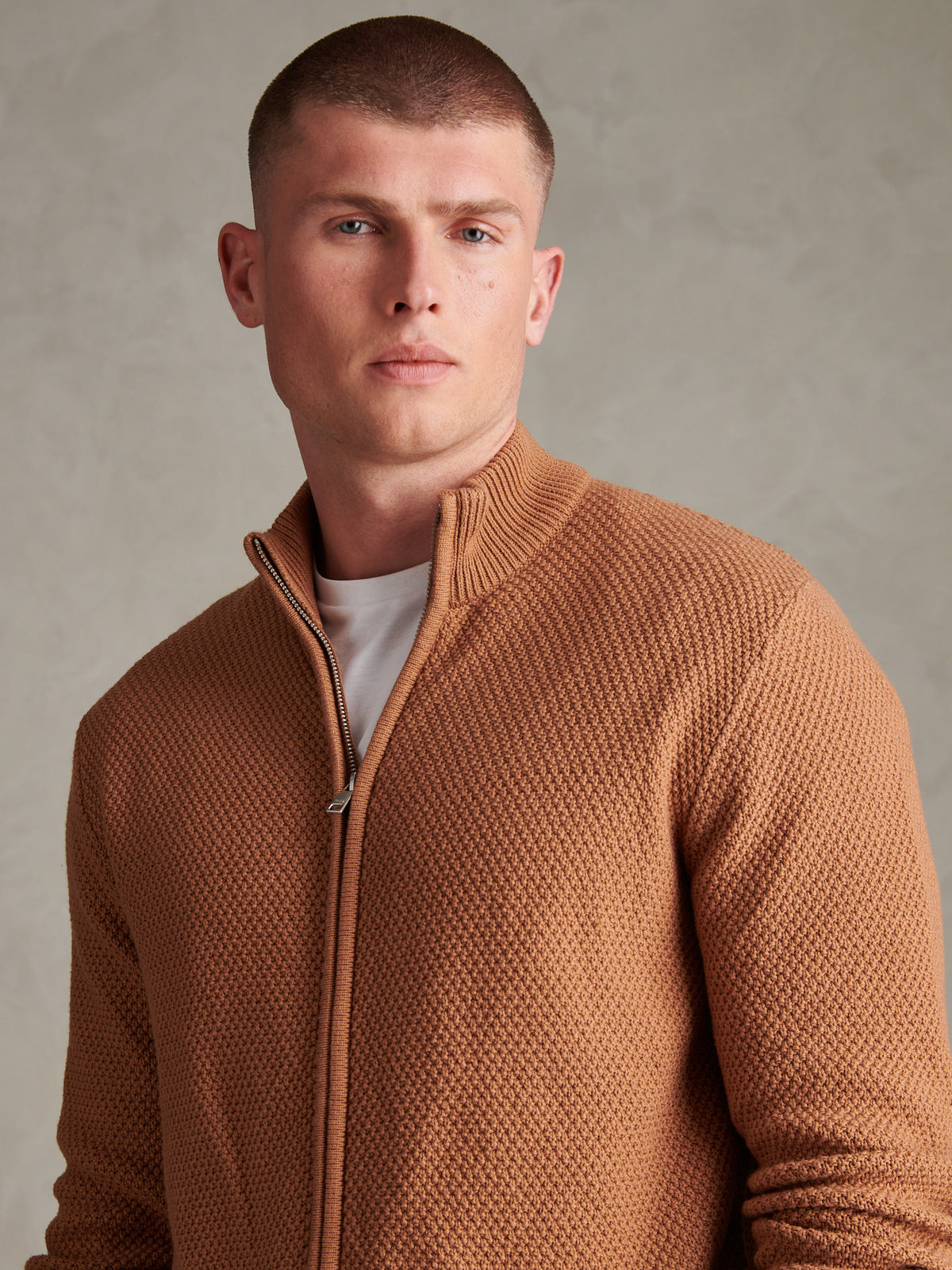 Mens Cotton Textured Knit Full Zip Funnel Neck Cardigan Autumn Leaf