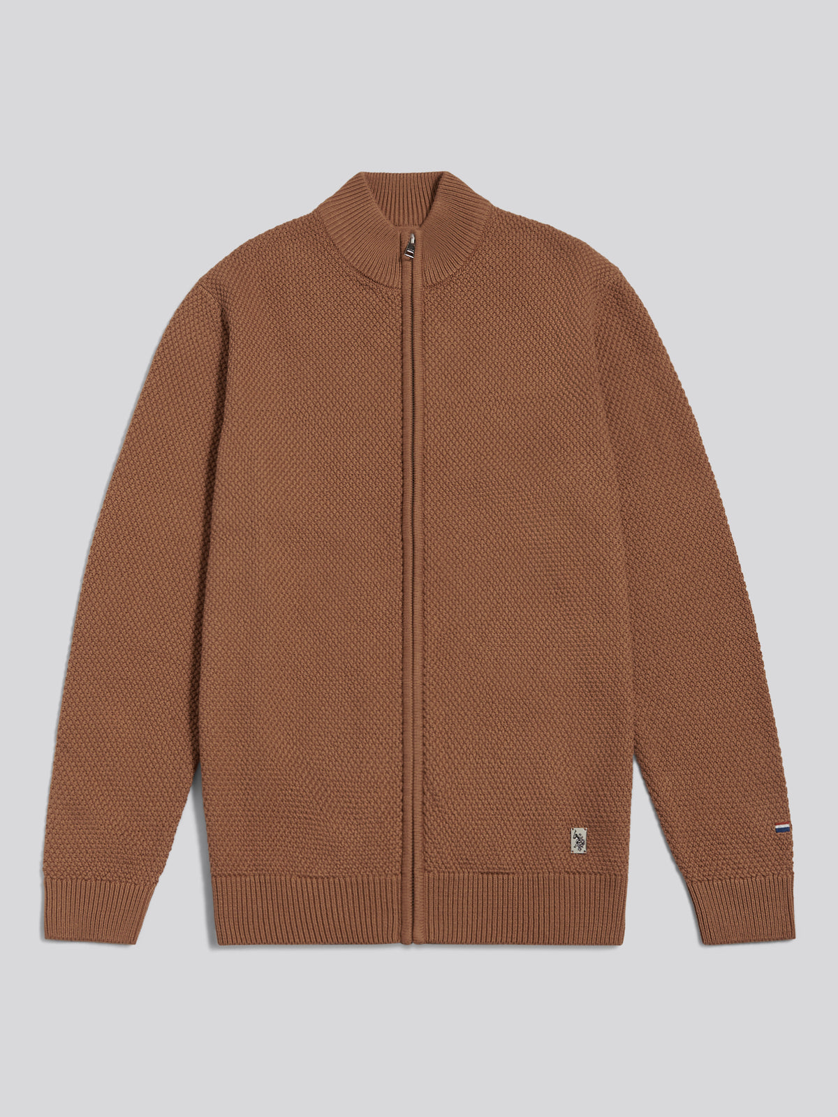 Mens Cotton Textured Knit Full Zip Funnel Neck Cardigan Autumn Leaf