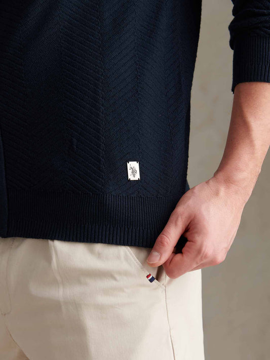 Mens Herringbone Full Zip Funnel Jumper Dark Sapphire Navy