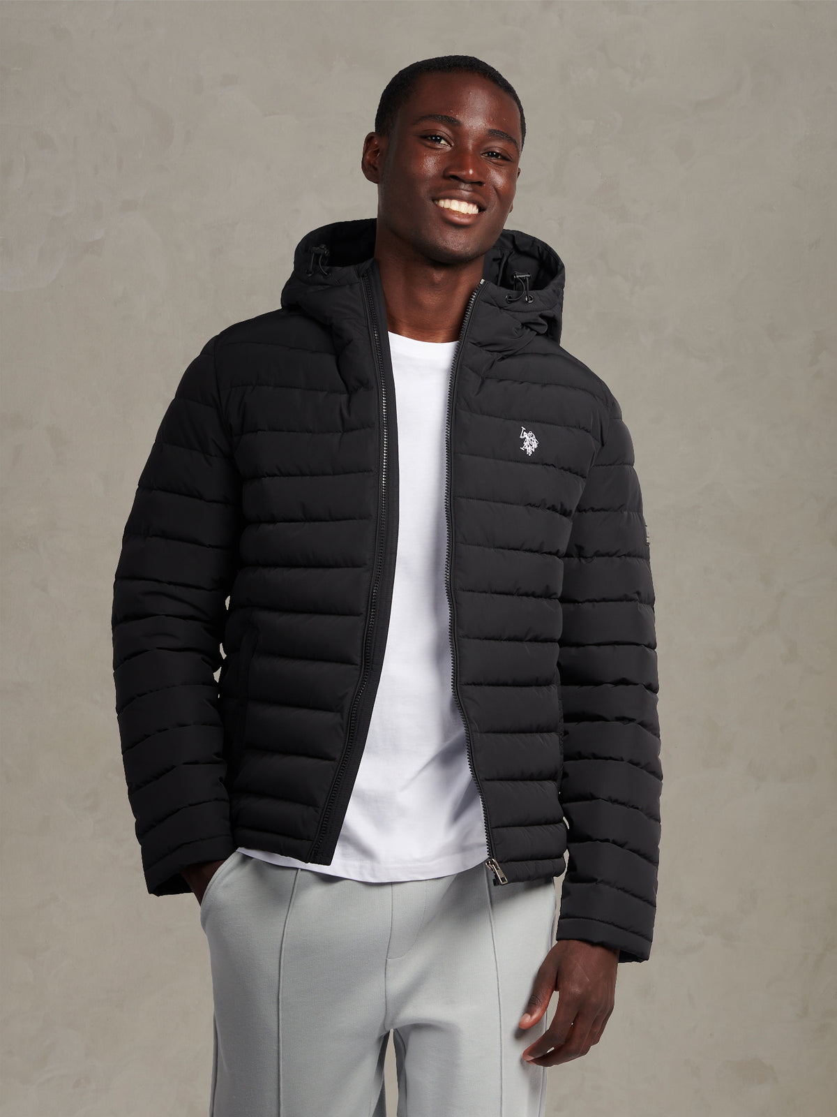 Mens Lightweight Quilt Hooded Puffer Black