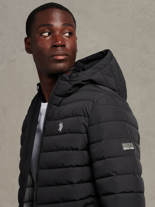 Mens Lightweight Quilt Hooded Puffer Black