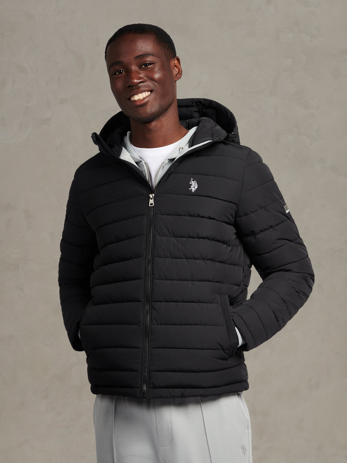 Mens Lightweight Quilt Hooded Puffer Black