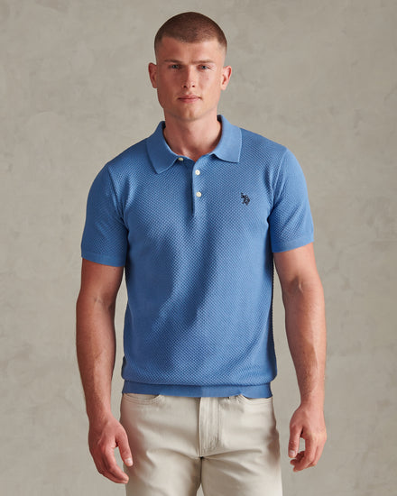 Mens Moss Stitch Knit Polo Shirt Riviera