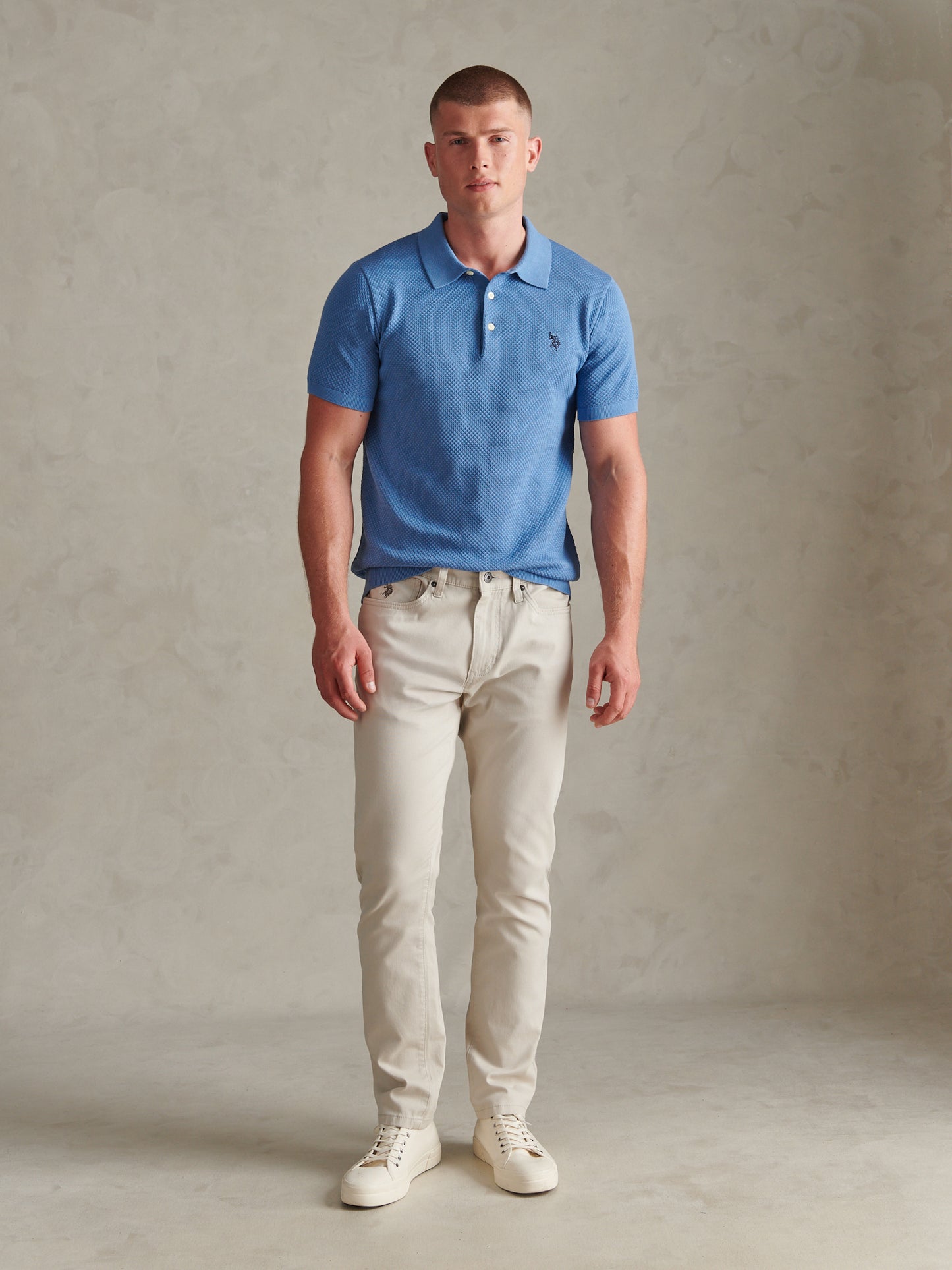 Mens Moss Stitch Knit Polo Shirt Riviera