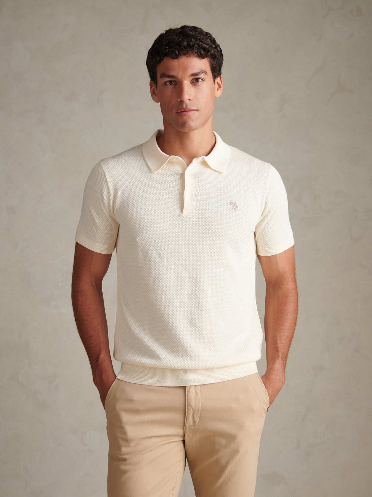 Mens Moss Stitch Knit Polo Shirt Whisper White