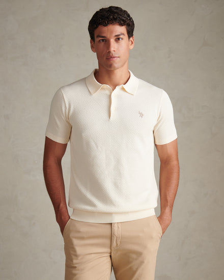 Mens Moss Stitch Knit Polo Shirt Whisper White