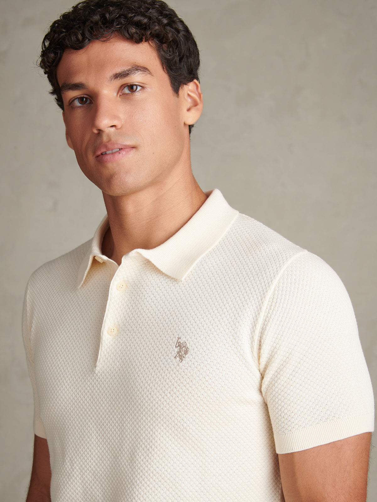 Mens Moss Stitch Knit Polo Shirt Whisper White