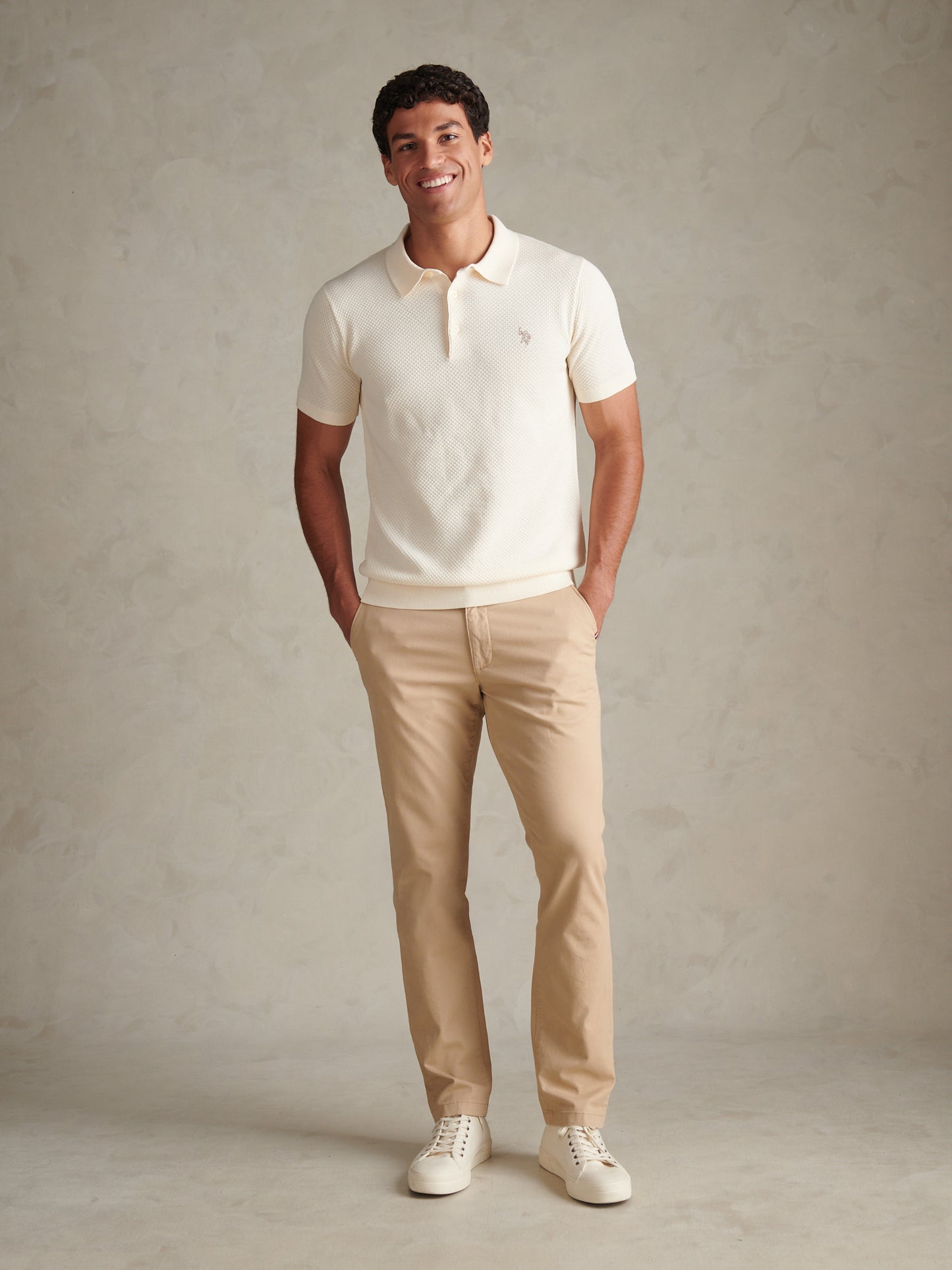 Mens Moss Stitch Knit Polo Shirt Whisper White