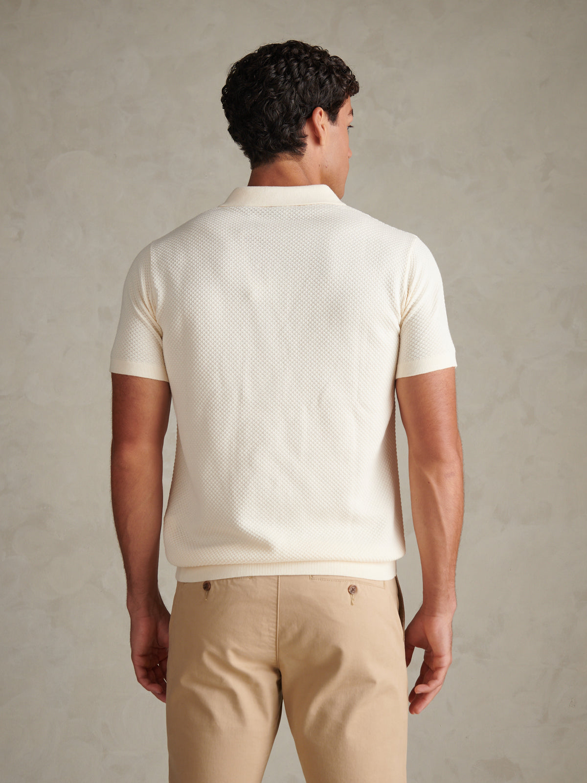 Mens Moss Stitch Knit Polo Shirt Whisper White