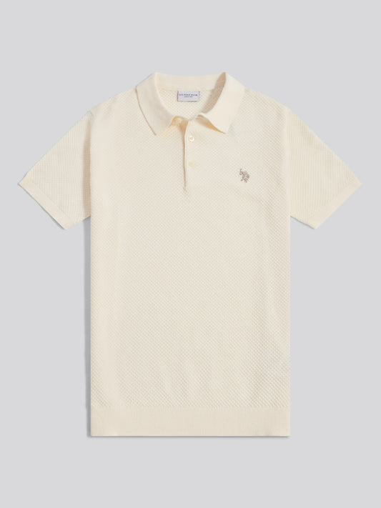 Mens Moss Stitch Knit Polo Shirt Whisper White