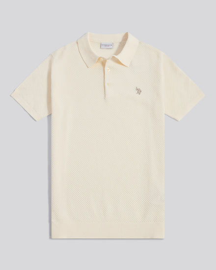 Mens Moss Stitch Knit Polo Shirt Whisper White