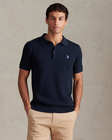 Mens Moss Stitch Knit Polo Shirt Dark Sapphire Navy