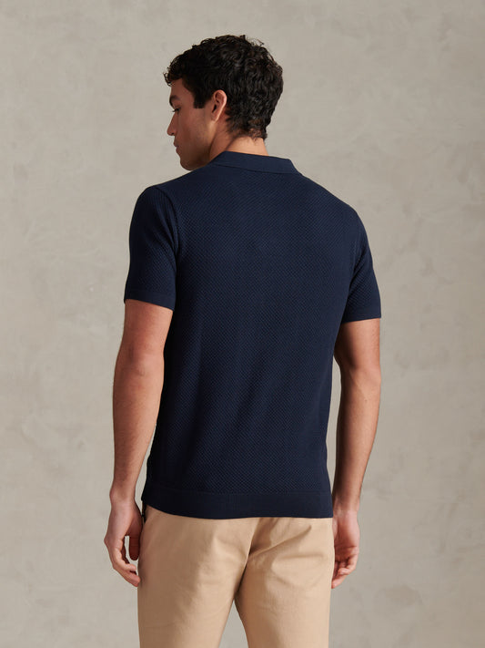 Mens Moss Stitch Knit Polo Shirt Dark Sapphire Navy
