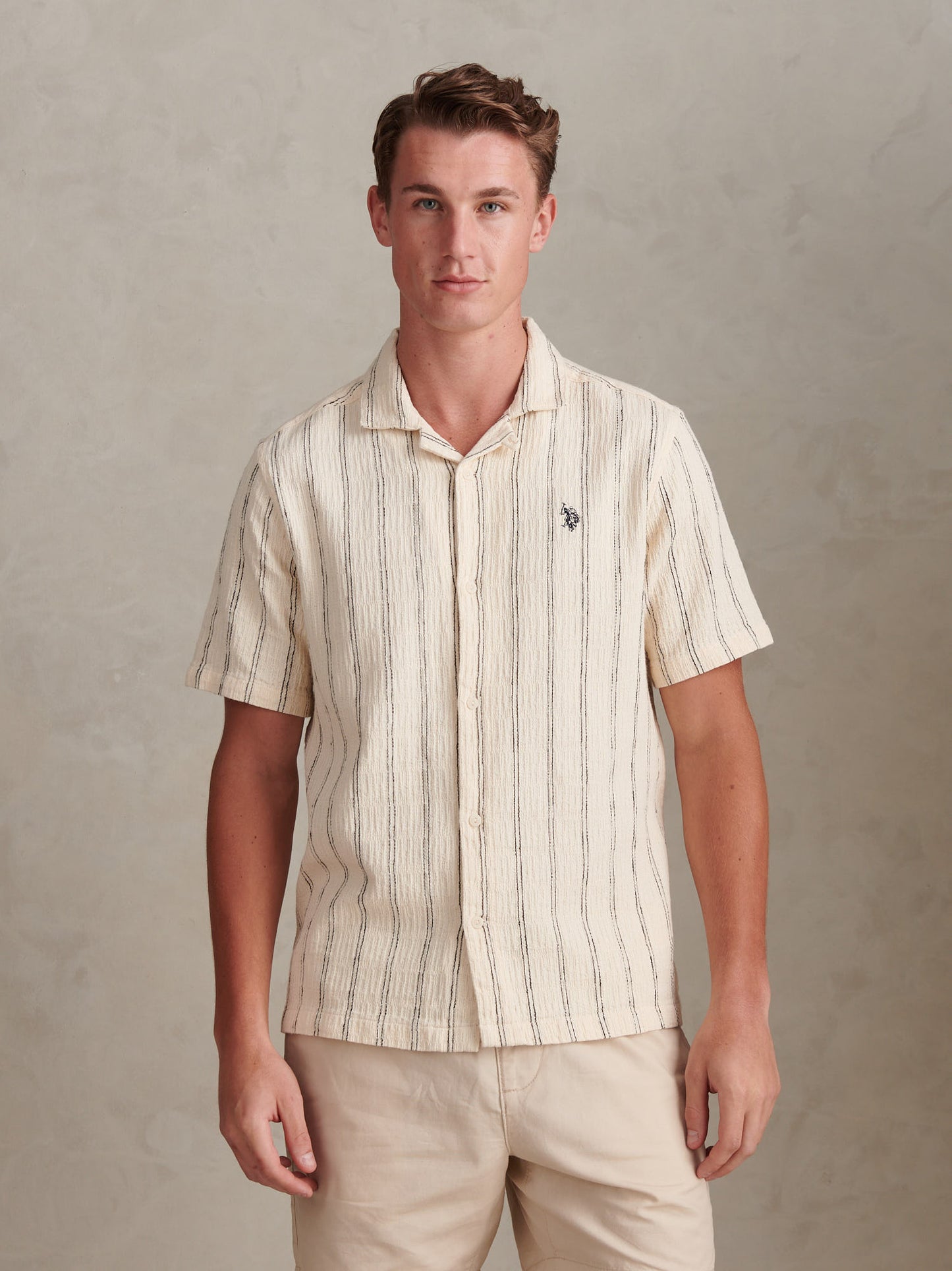 Mens Stripe Open Collar Short Sleeve Shirt Atmosphere