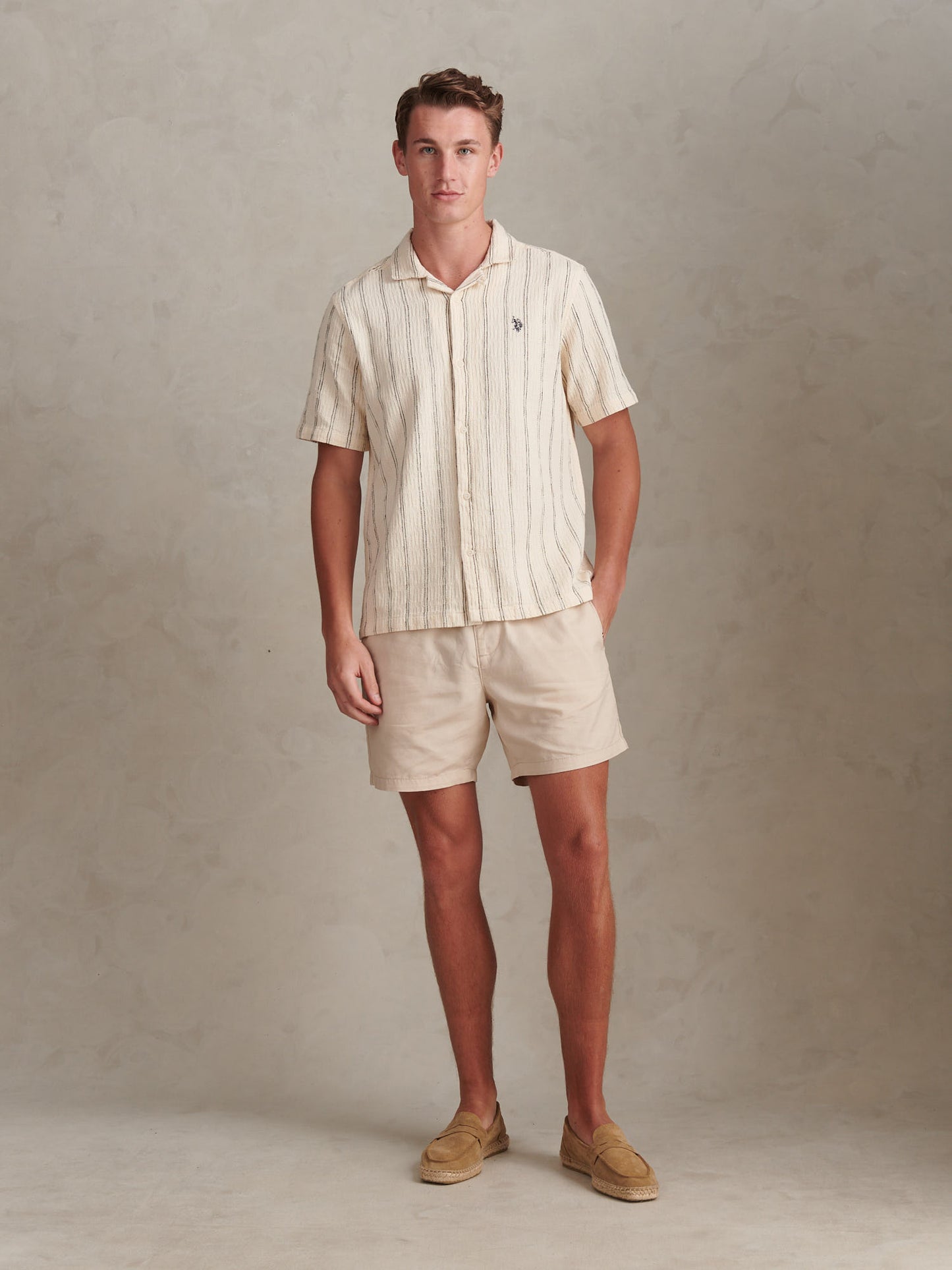 Mens Stripe Open Collar Short Sleeve Shirt Atmosphere