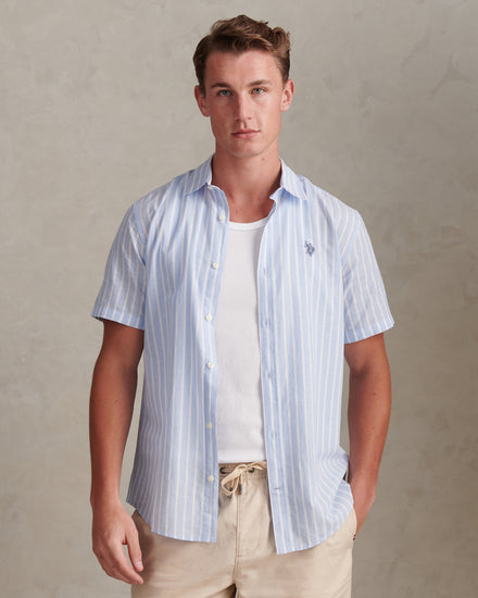 Mens Linen Blend Summer Stripe Short Sleeve Shirt Chambray Blue
