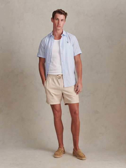 Mens Linen Blend Summer Stripe Short Sleeve Shirt Chambray Blue