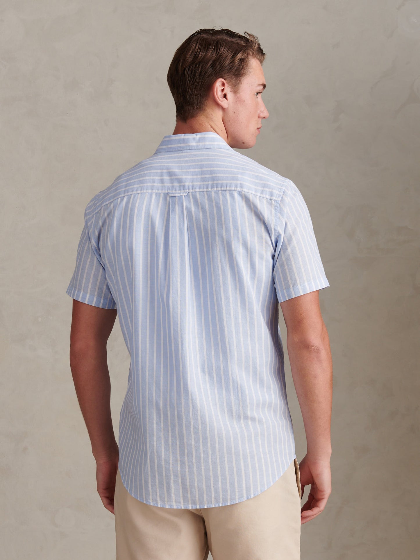 Mens Linen Blend Summer Stripe Short Sleeve Shirt Chambray Blue
